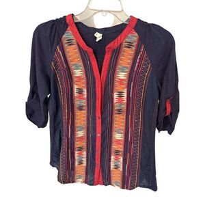 TINY Anthropologie Blue V Neck Geometric Embroidery Roll‎ Tab Sleeves Size M